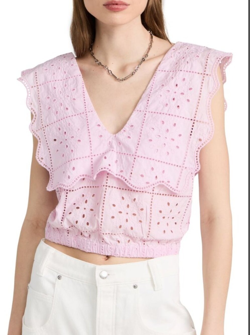 GANNI Broderie Anglaise Top Blouse Embroidered Pink 32 XS